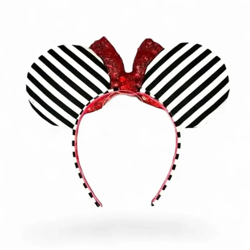 Custom Wicked Style Mouse Ears Headband Ruby Red Sequin Bow Black White Stripe